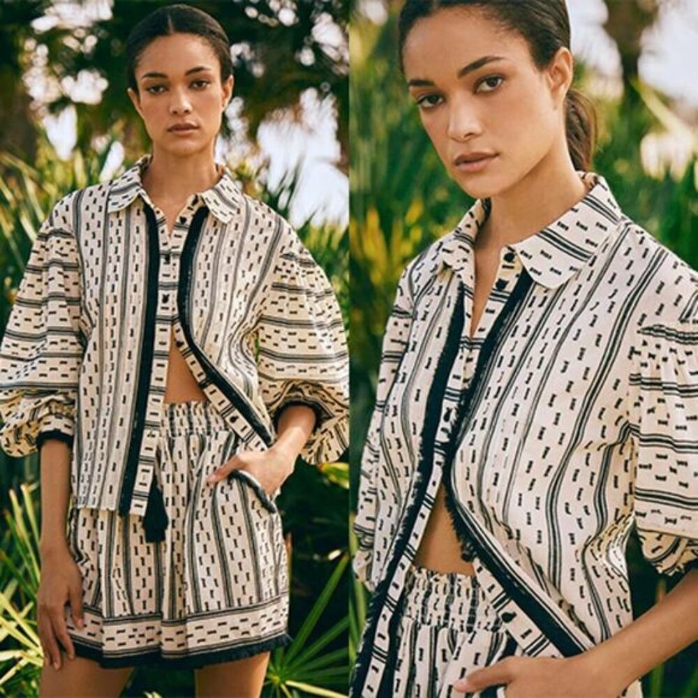 NEW Hunter Bell Ezra Long Sleeves Collared Dot Fringe Button Top in White/Black